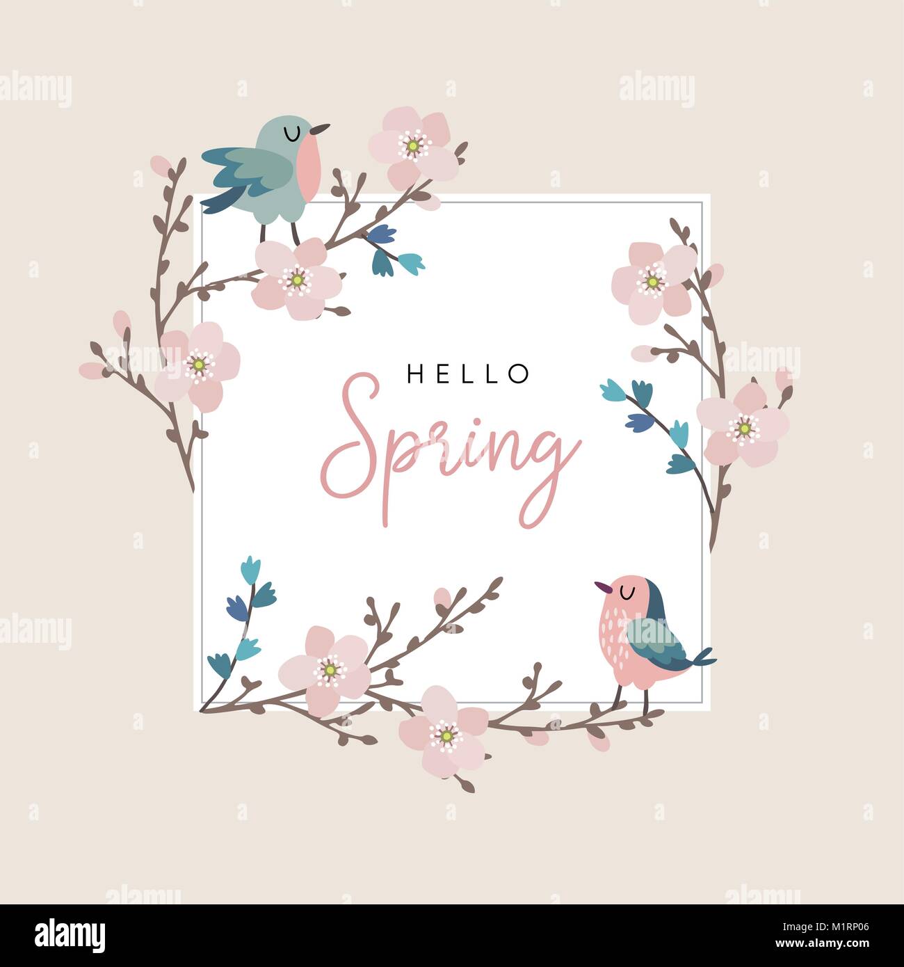 Hello spring greeting card, invitation with cute hand drawn birds and ...