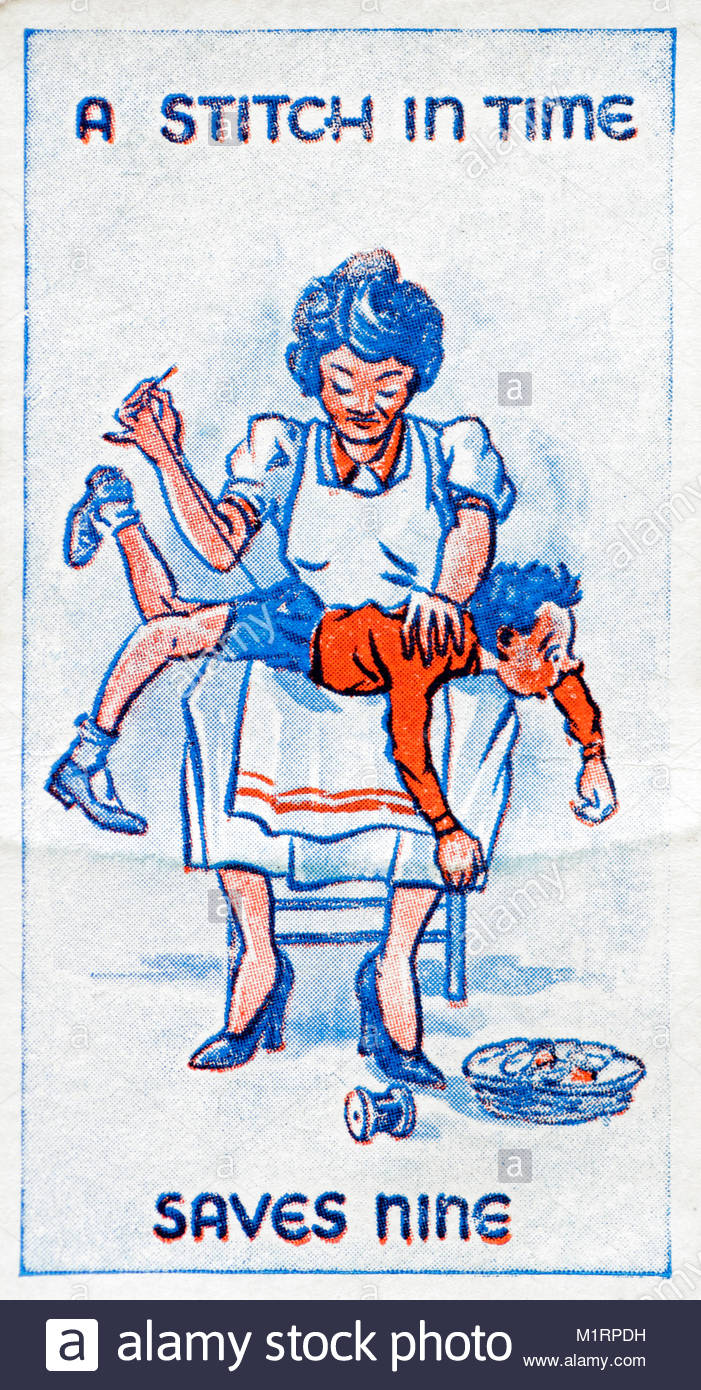 A Stitch in Time save Nine proverb illustration 1938 Stock Photo