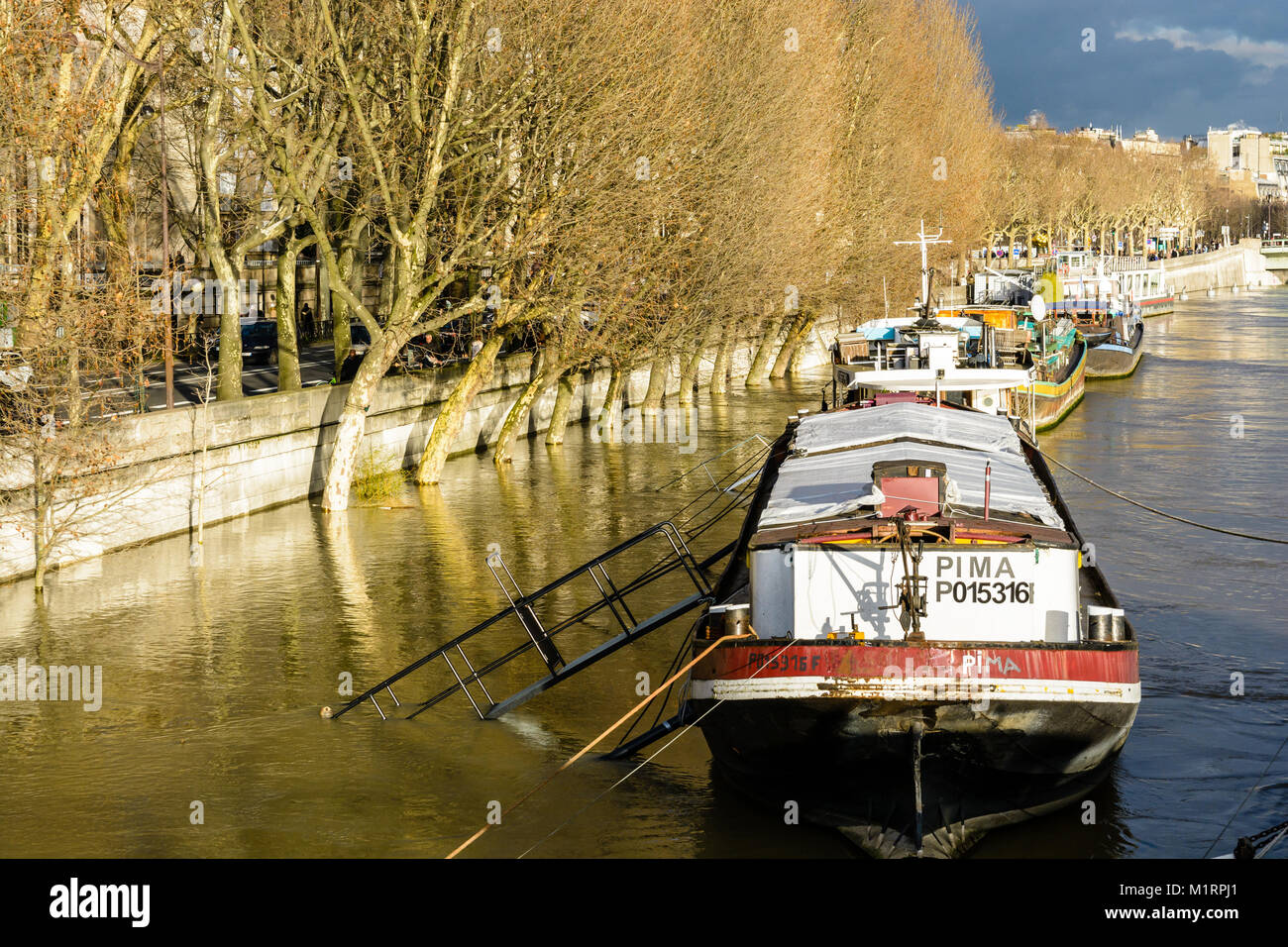 Paris, France - January 26, 2018: Houseboats docked at the Debilly port