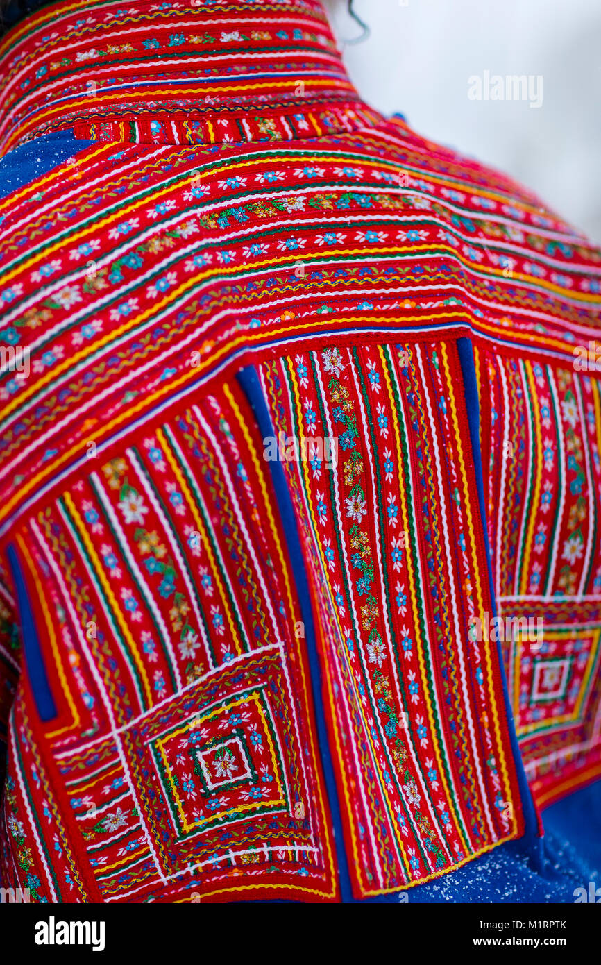 Skibotn, Norway. Detail view of traditional Sami fabric pattern. Stock Photo