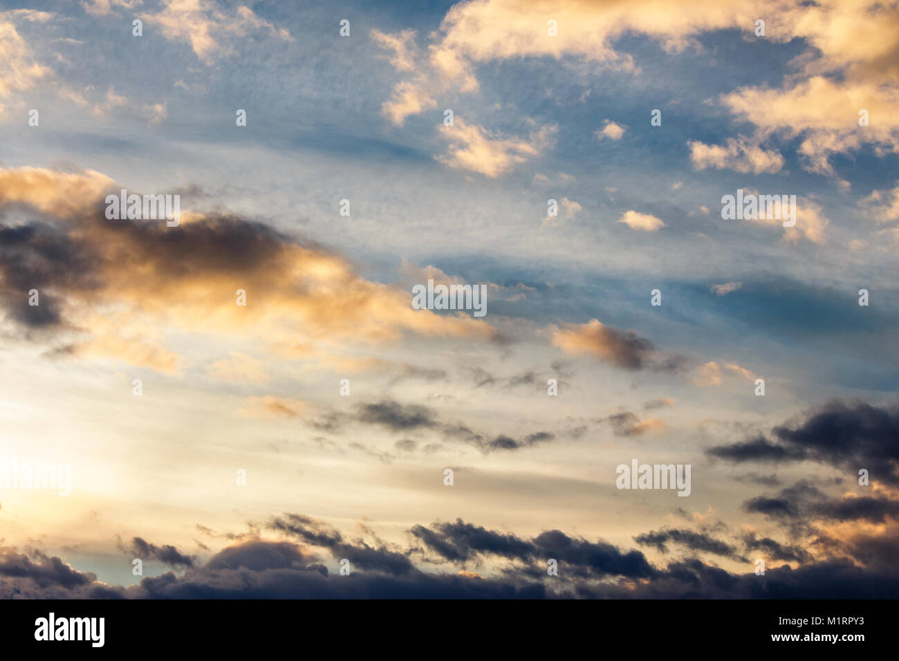 beautiful cloudy sky at sunset. abstract cloud formations colored in to gold by sunlight from below. lovely nature background Stock Photo