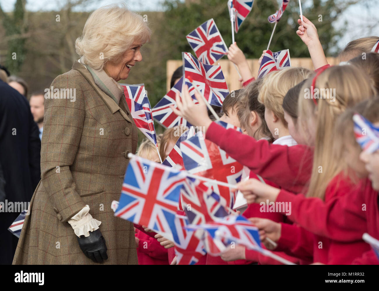 The Duchess of Cornwall is greeted by pupils as she arrives to open Marlborough St Mary's Church of England primary school in Marlborough, Wiltshire. Stock Photo