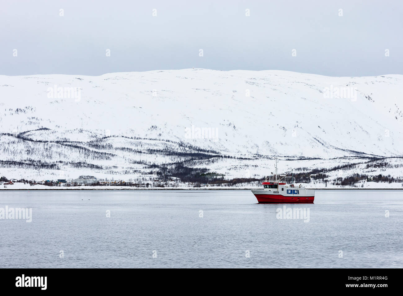 Norway. Norwegian fjord and shoreline with red and white fishing vessel sailing on it. Stock Photo