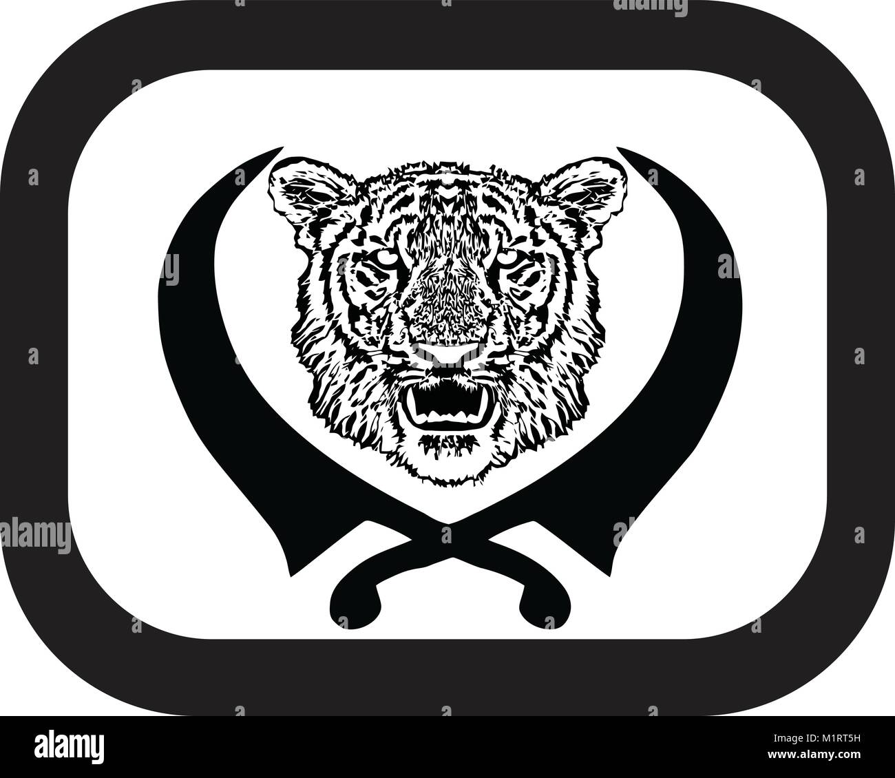 Tiger head with fangs and crossed swords. Sketch for tattoo, isolated, button, vector Stock Vector