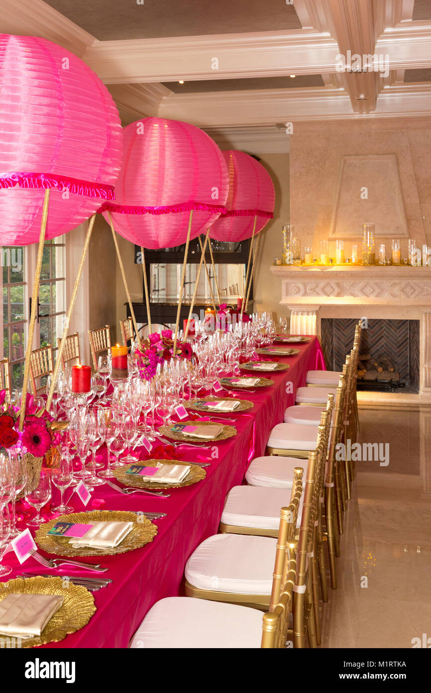 Bright pink balloon-themed party decor for a Winter Wine Festival party, Naples, Florida, USA Stock Photo