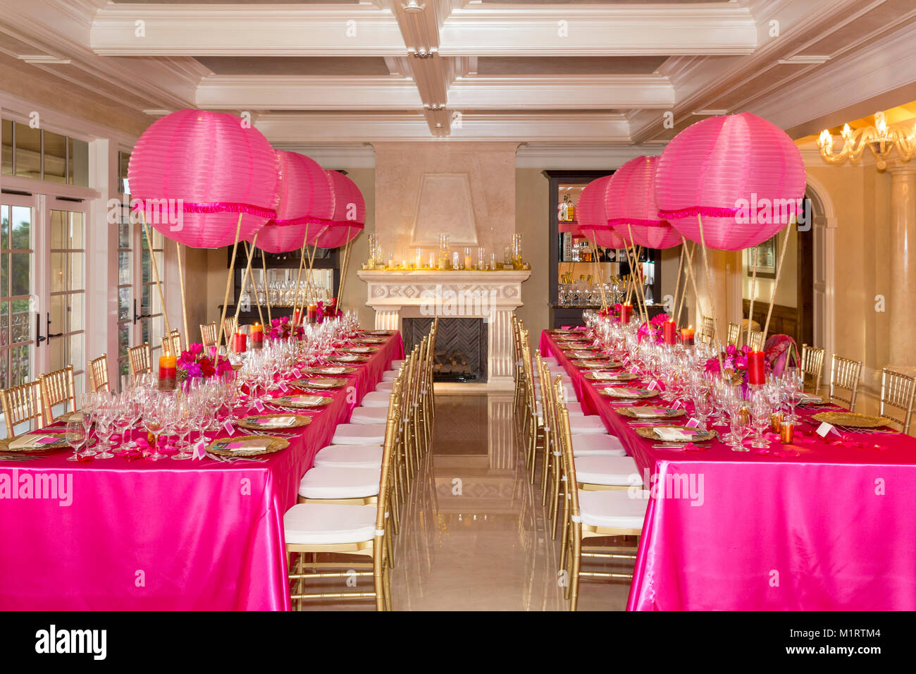 Bright pink balloon-themed party decor for a Winter Wine Festival party, Naples, Florida, USA Stock Photo