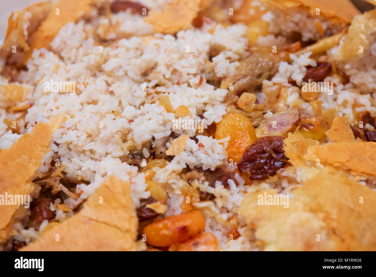 Shah pilaf. Khan pilaf in a pita. Traditional oriental dish . on tableware . Azerbaijan , Baku