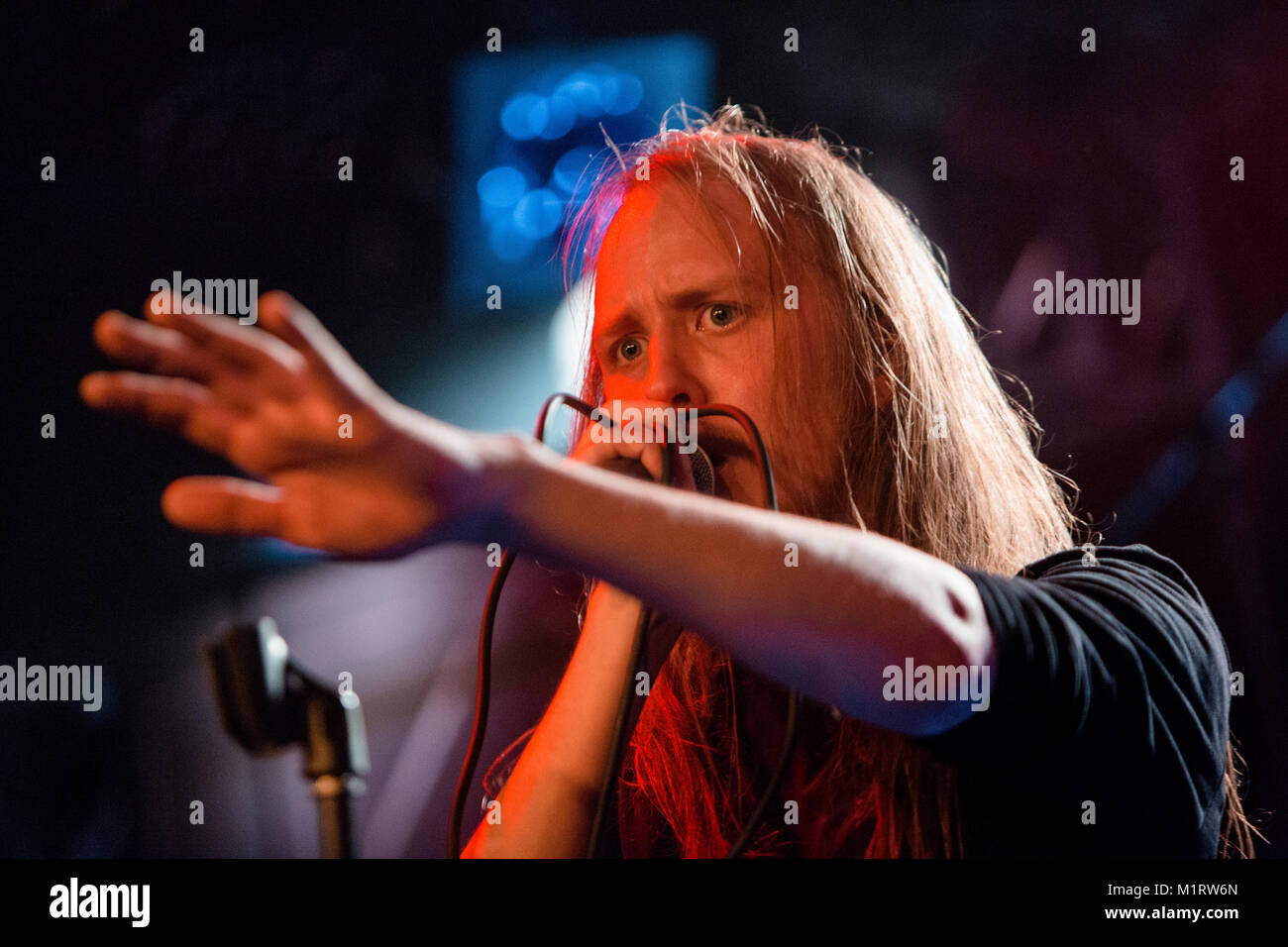 Norway, Bergen - October 06, 2017. The Norwegian black metal band Fleshmeadow performs a live concert at Det Akademiske Kvarter in Bergen. Here vocalist Fabian Jiru is seen live on stage. (Photo credit: Gonzales Photo - Jarle H. Moe). Stock Photo