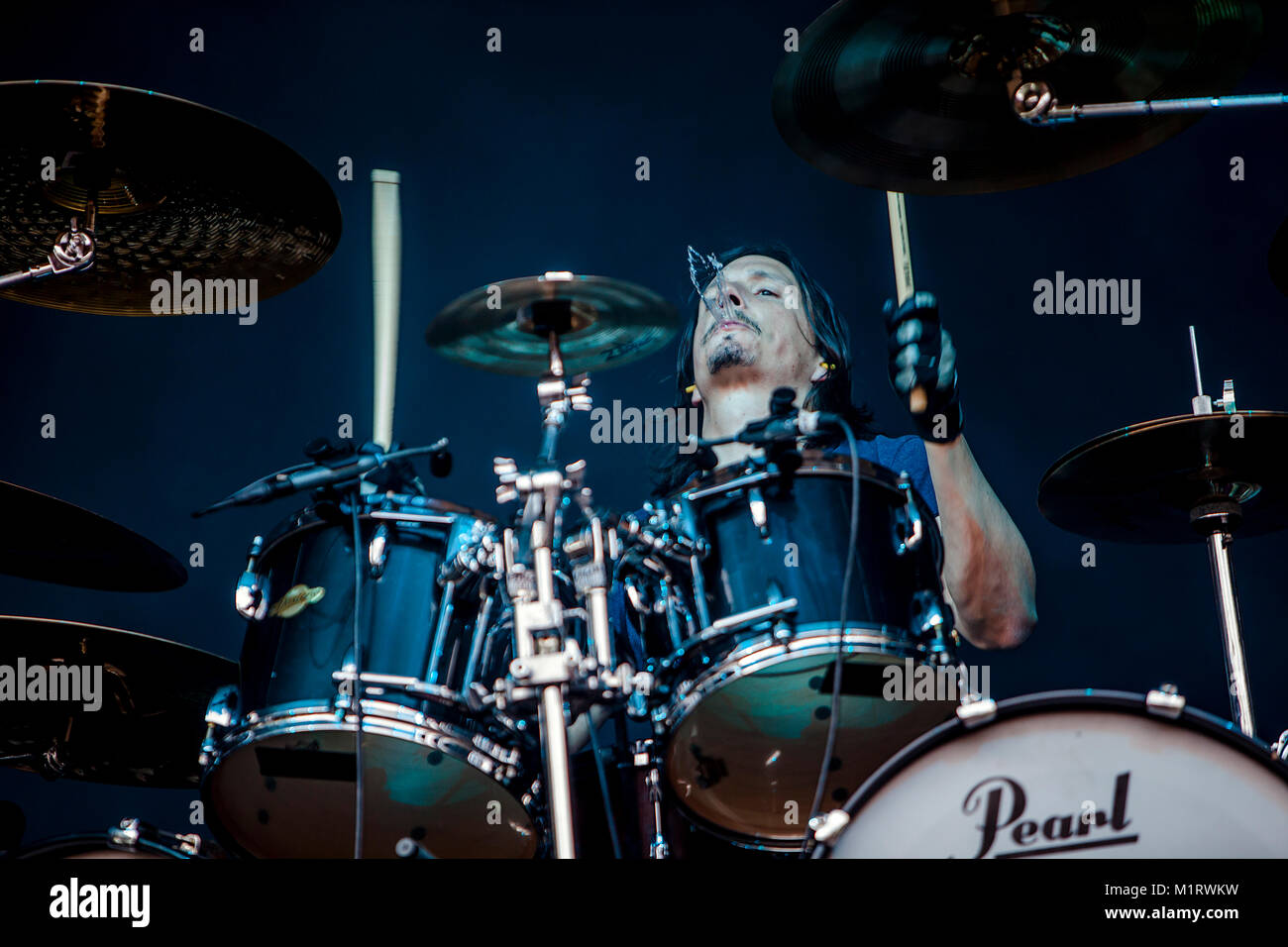 The French death metal band Gojira performs a live concert at Plenen in Bergen. Here drummer Mario Duplantier is seen live on stage. Norway, 13/06 2012. Stock Photo