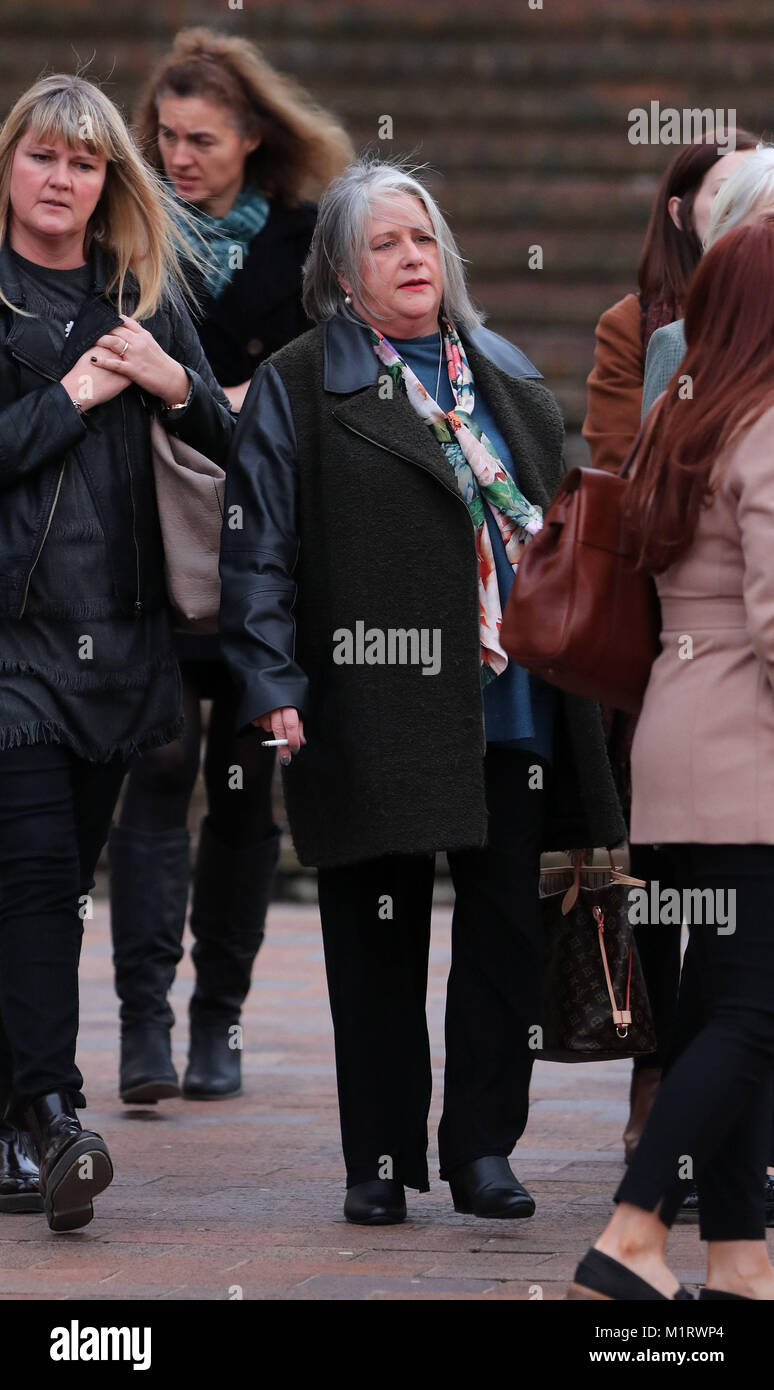 Joanne McLaren (centre), mother of Molly McLaren, leaves Maidstone Crown Court in Kent surrounded by friends and family as the trial continues of Joshua Stimpson who stands accused of murdering her daughter. Stock Photo