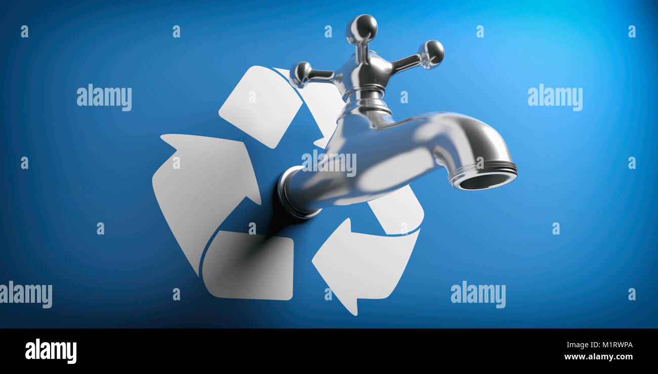 Save water concept. Water tap on blue background with recycle symbol