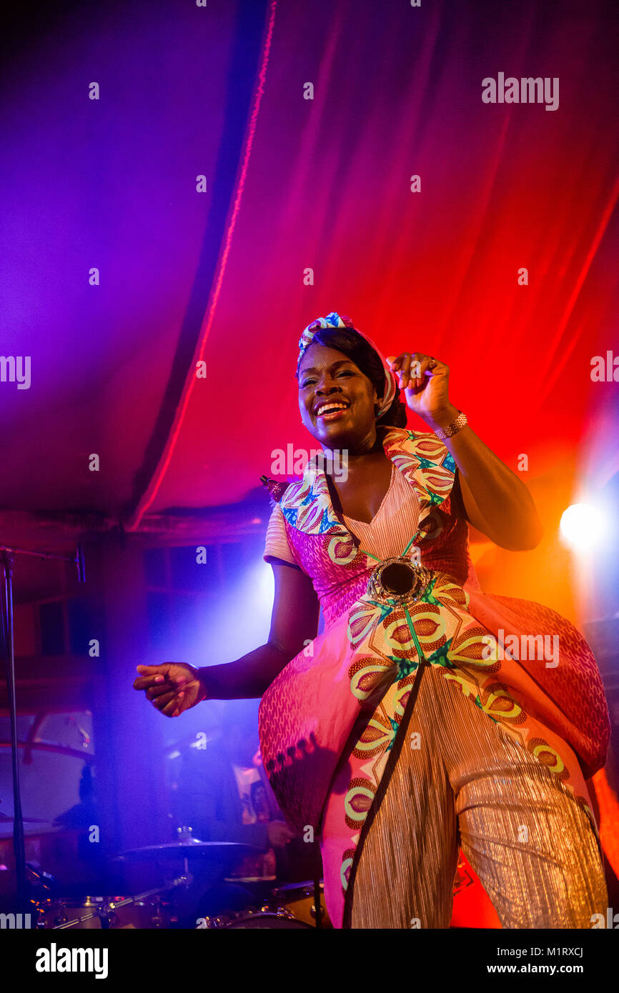 The English band Ibibio Sound Machine performs a live concert at the