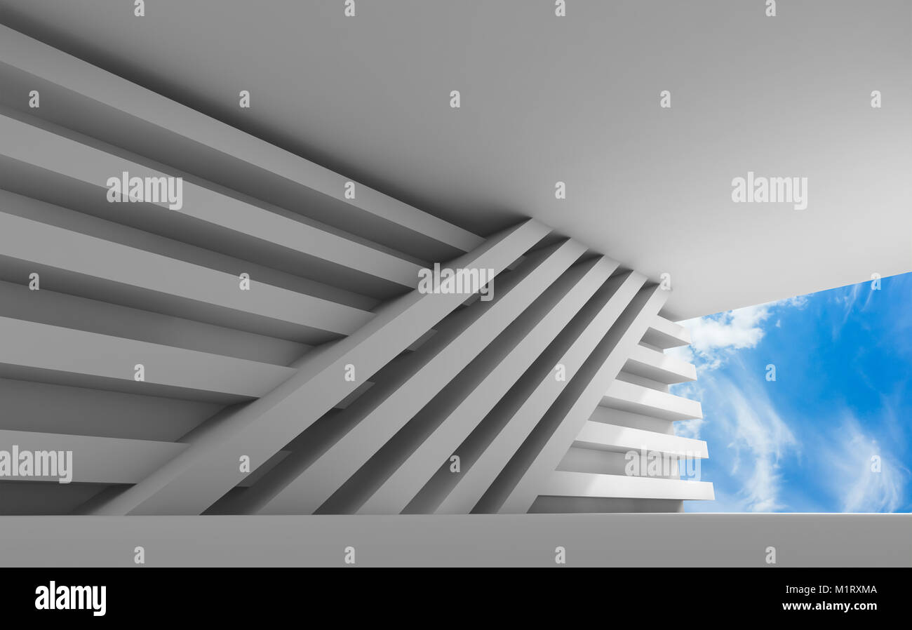 Abstract white empty interior with geometric installation and blue ...