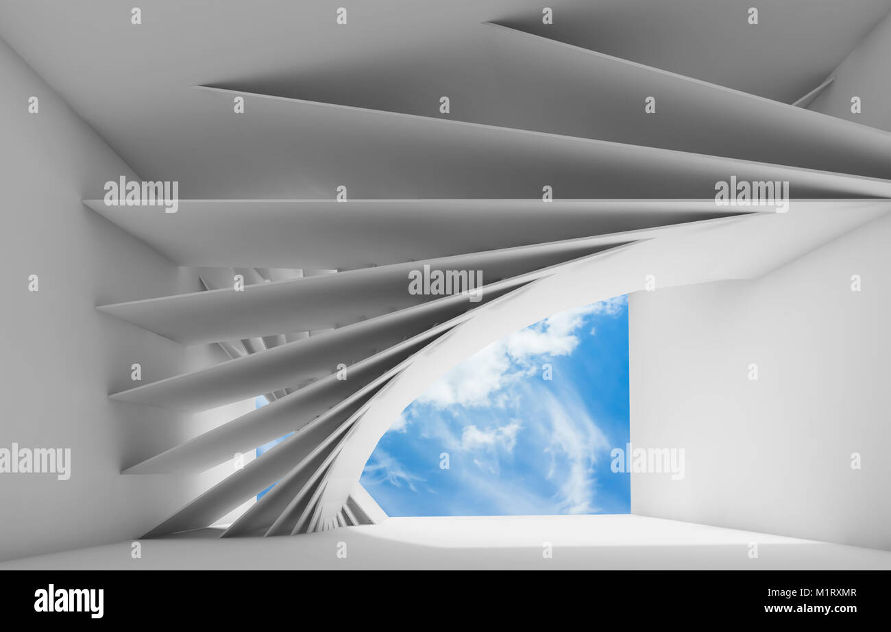 Abstract white empty interior with geometric installation and blue ...
