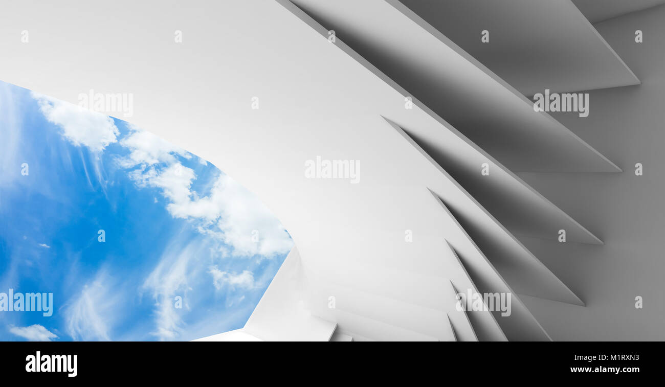 Abstract white empty interior with geometric installation and blue ...