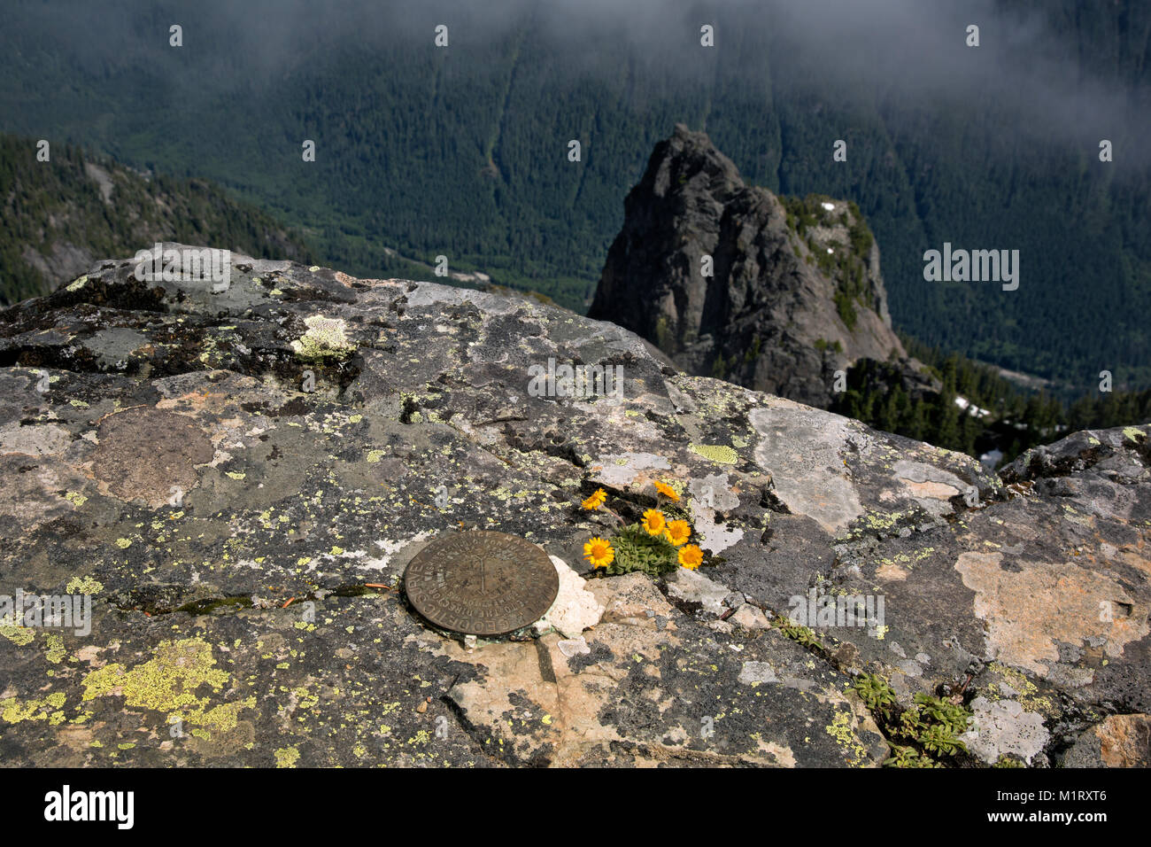 WA13201-00...WASHINGTON -  Geodetic Survey marker on the summit of Snoqualmie Mountain, overlooking over the Middle Fork Snoqualmie River Valley. Stock Photo