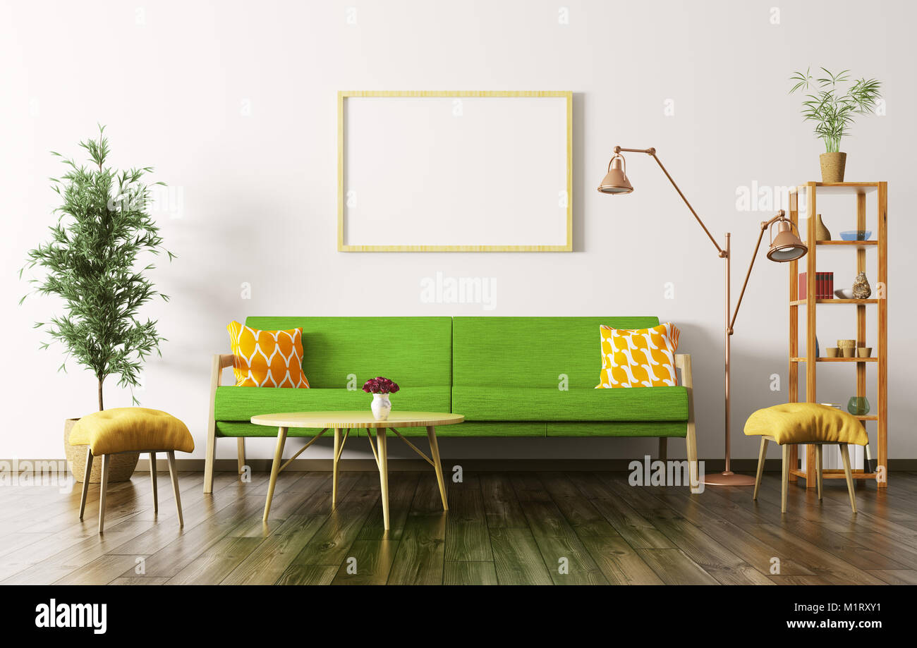 Modern interior of living room with green sofa, coffee table, plant and ...