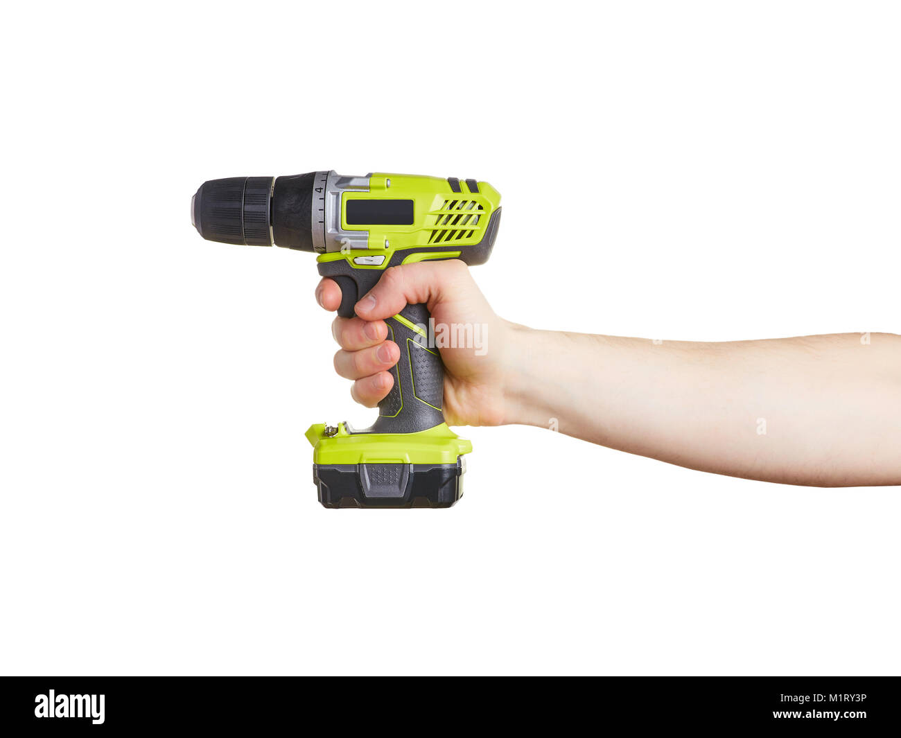 A man's hand holds an electric tool for repairing a drill screwdriver. Concept of construction. Objects isolated on white background Stock Photo