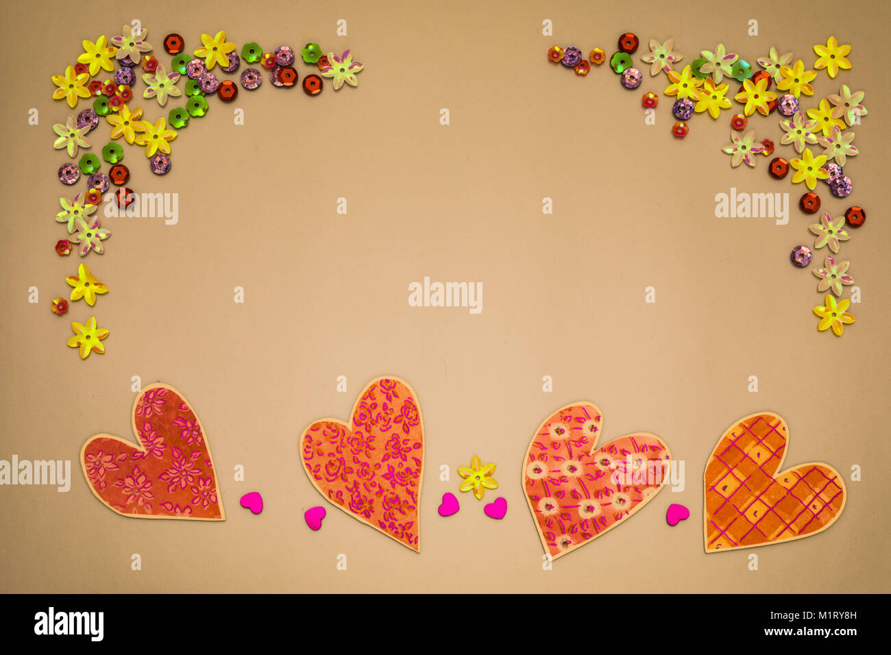 Greeting card with hearts on colored background Stock Photo