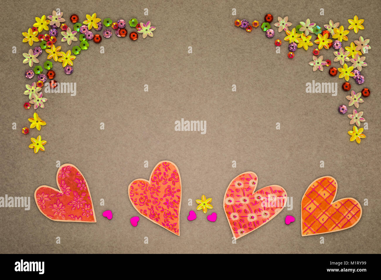 Greeting card with hearts on colored background Stock Photo