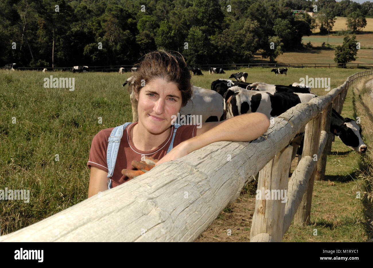 portrait of a farmer with her cows in the field Stock Photo - Alamy