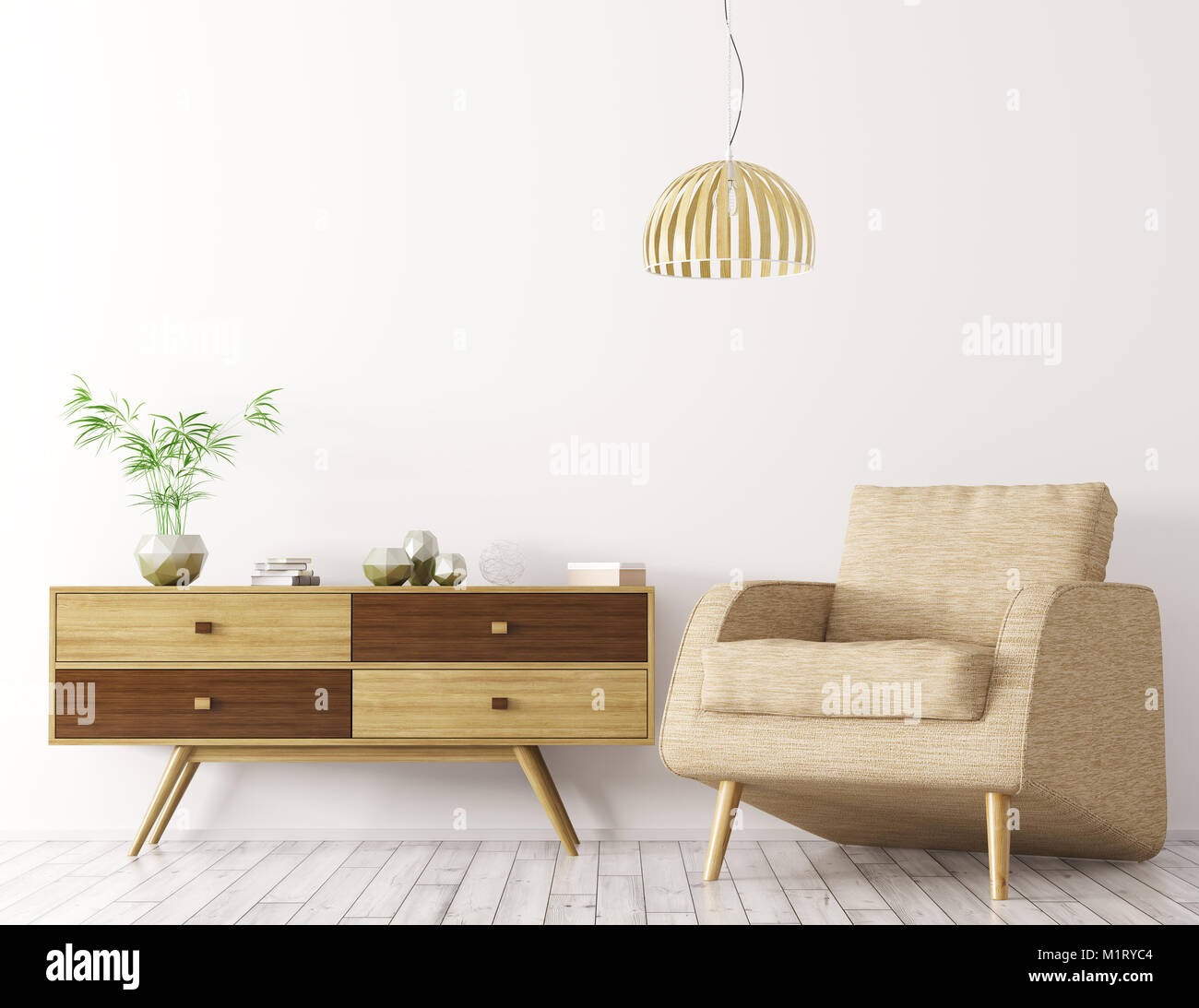 Modern interior of living room with wooden cabinet, armchair and lamp ...