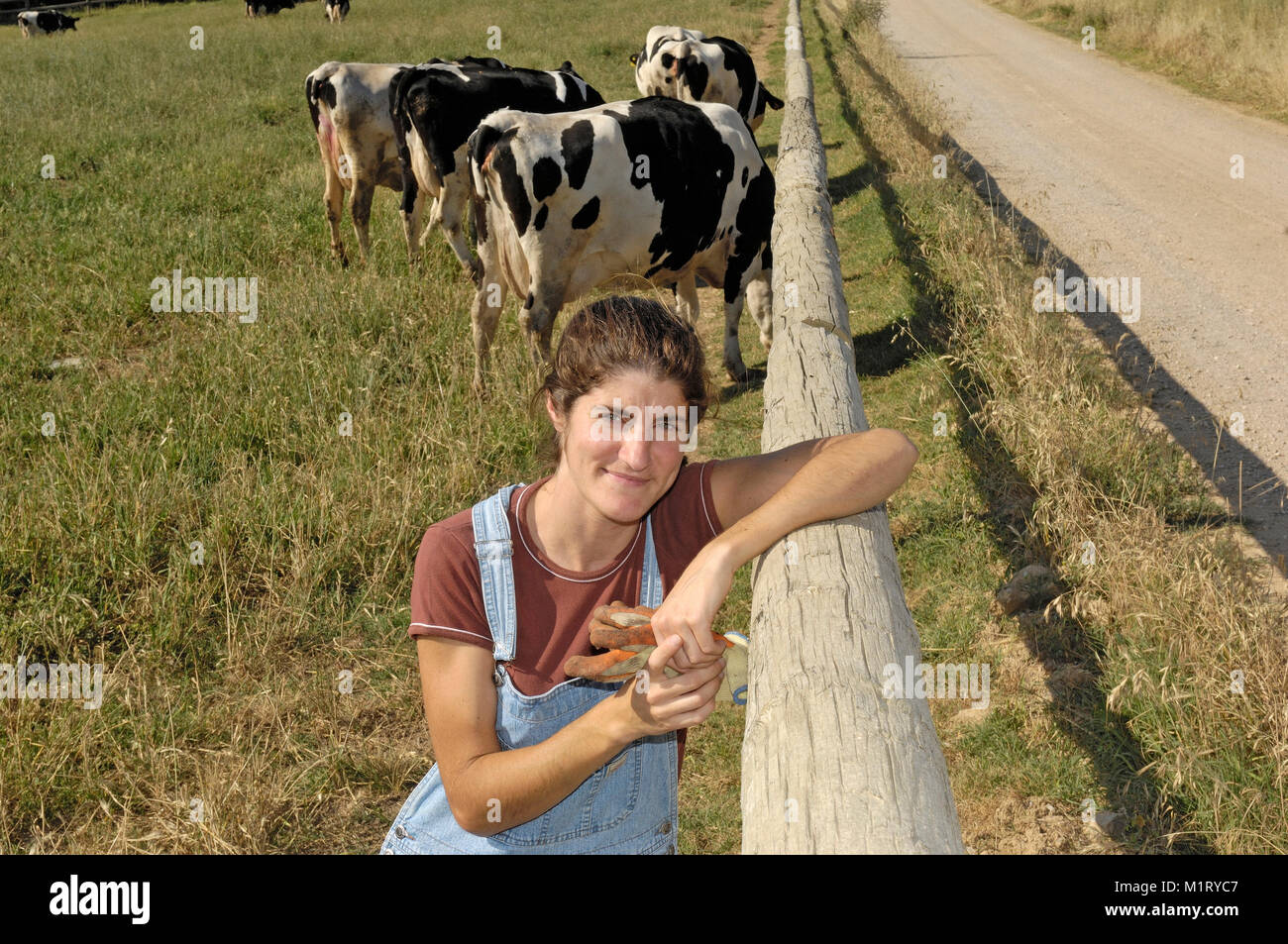 portrait of a farmer with her cows in the field Stock Photo - Alamy