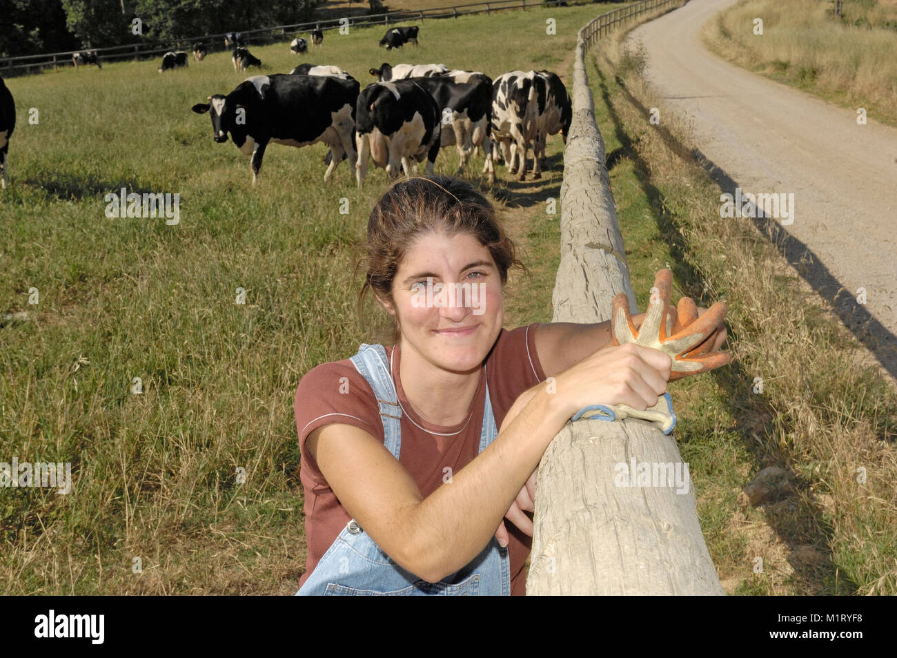 portrait of a farmer with her cows in the field Stock Photo - Alamy