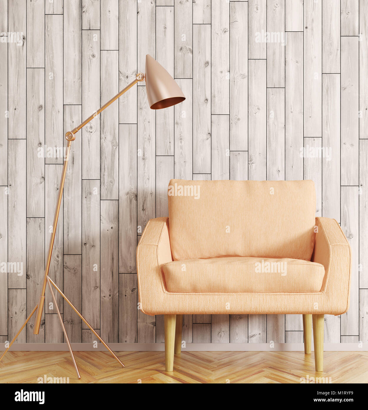 Modern living room interior with armchair and floor lamp over wooden ...