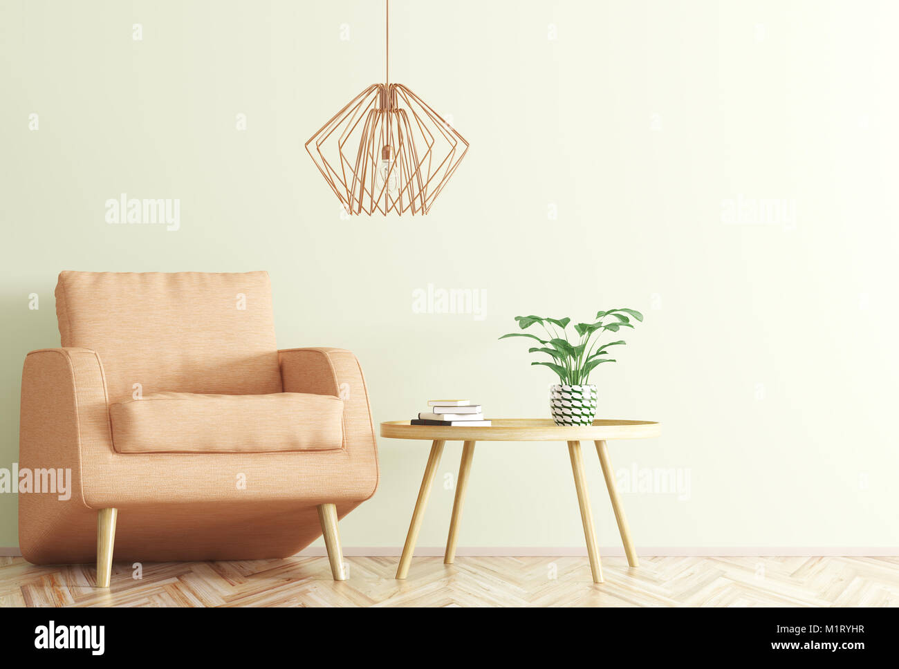 Interior of living room with wooden coffee table, lamp and armchair 3d