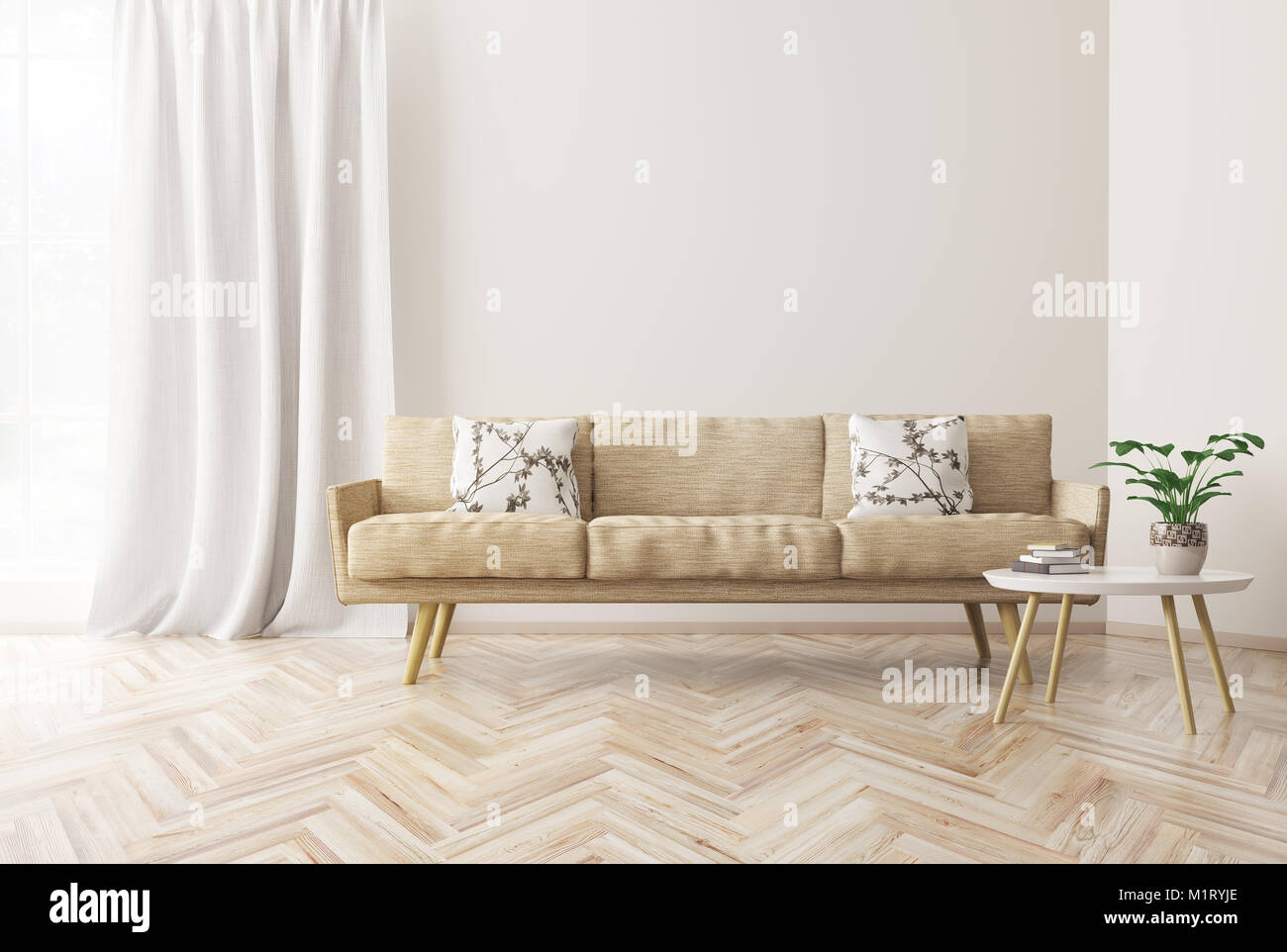 Modern interior design of living room with beige sofa, coffee table ...