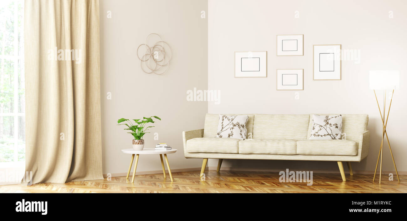 Modern interior design of living room with beige sofa, coffee table ...