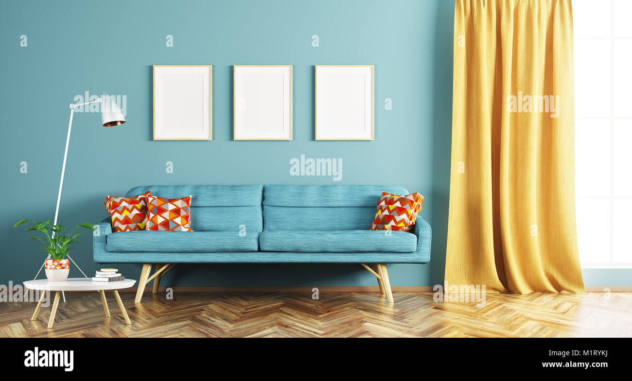 Modern interior design of living room with blue sofa, coffee table ...