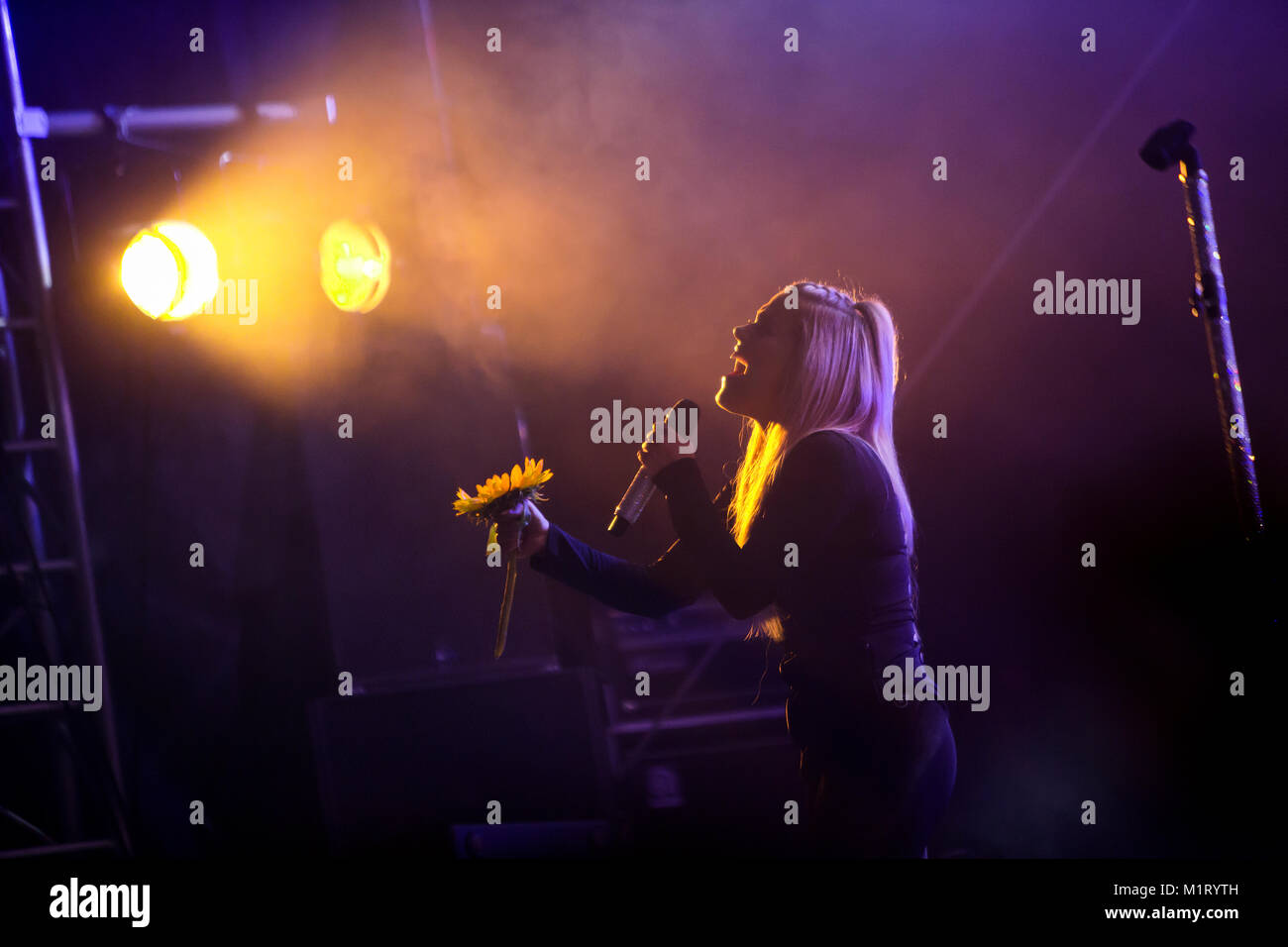 Norway, Uskedal – August 5, 2017. The Norwegian singer and songwriter Julie Bergan performs a live concert during the Norwegian music festival Festidalen 2017. Stock Photo