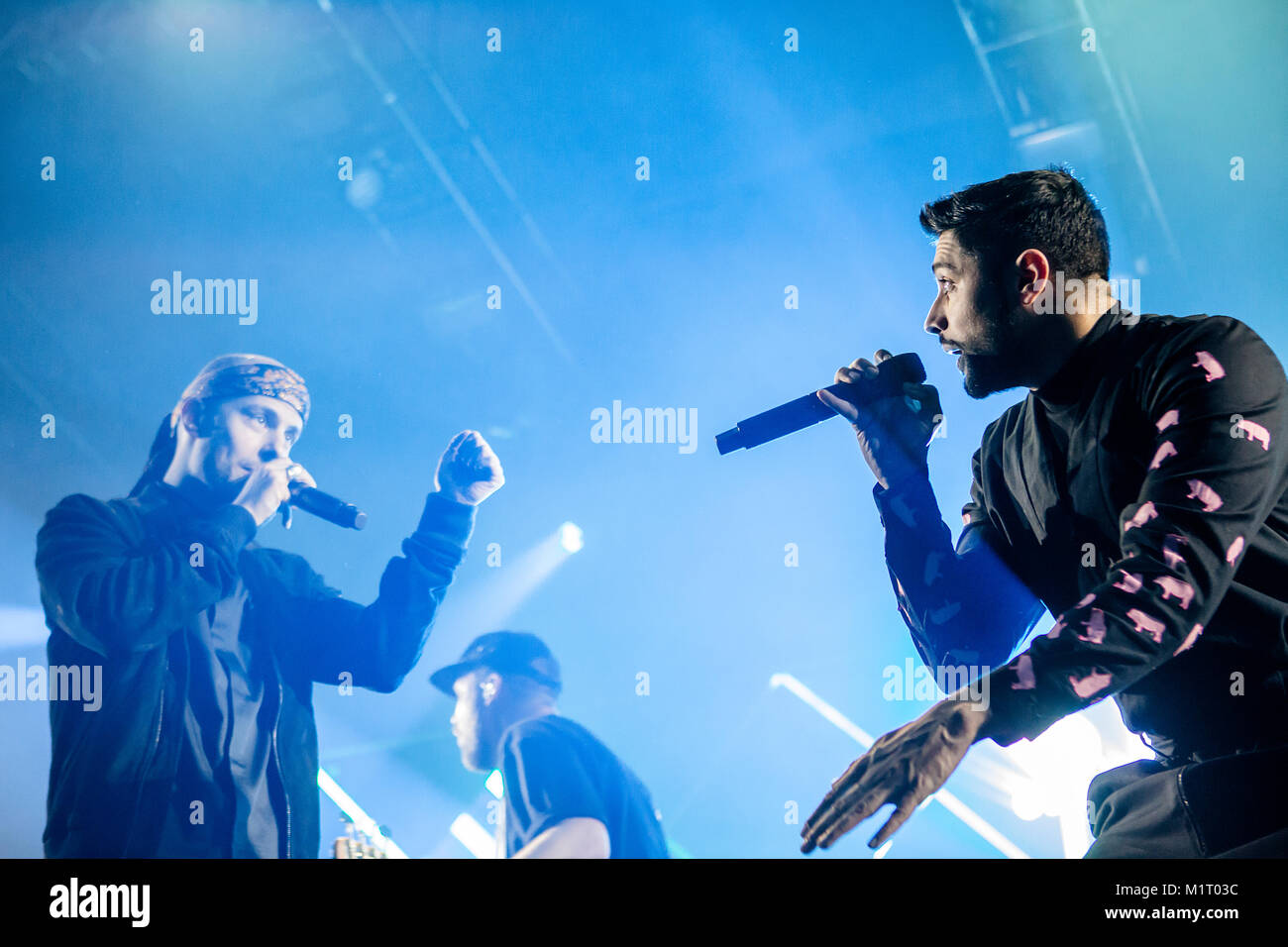 The Norwegian rap group Karpe Diem performs a live concert at the Norwegian music festival UKEN 2016 in Bergen. The duo consists of the two rappers Magdi Omar Ytreeide Abdelmaguid (L) and Chirag Rashmikant Patel (R). Norway, 05/03 2016. Stock Photo