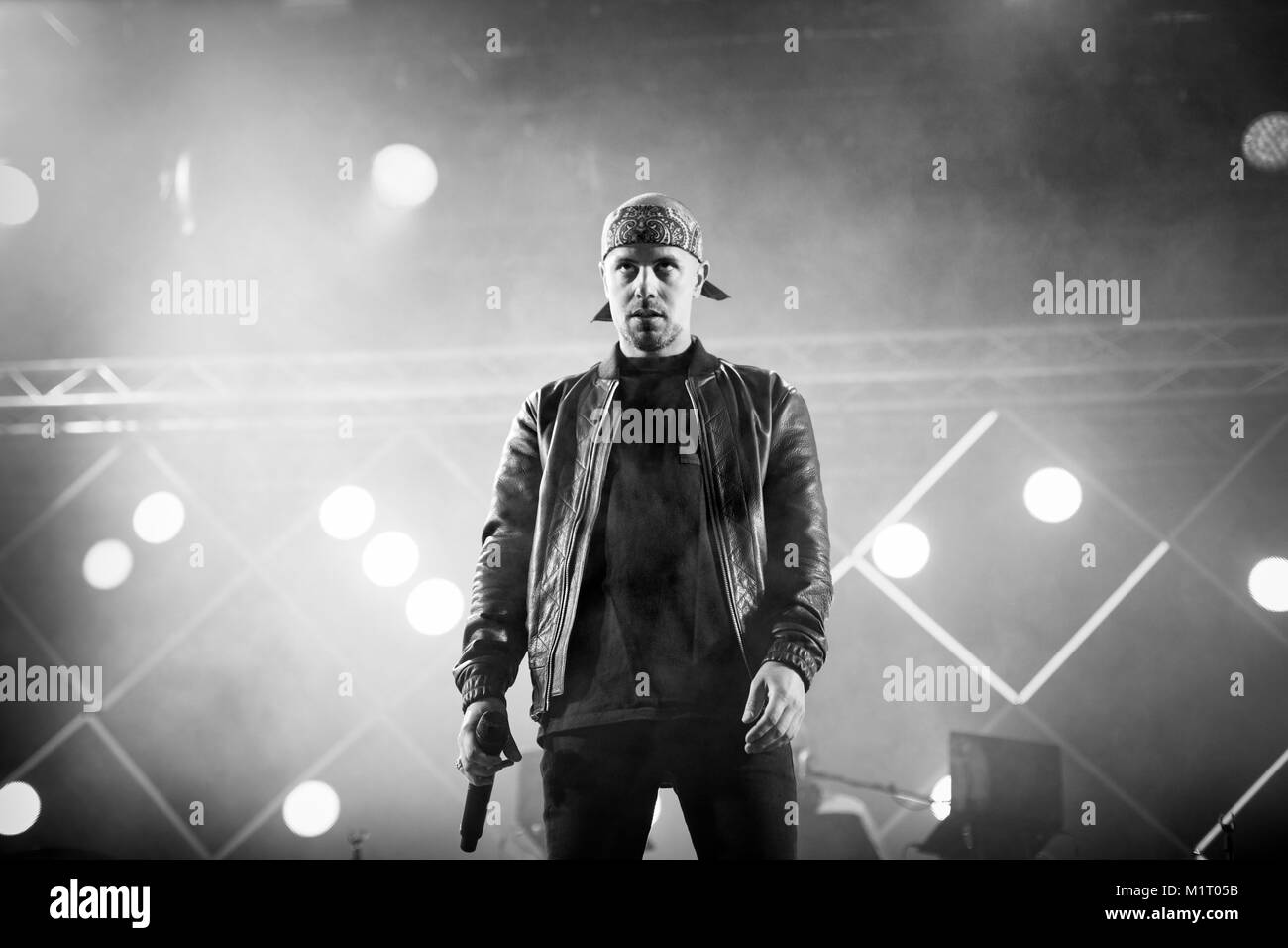 Norway, Bergen – June 16, 2017. The Norwegian rap duo Karpe Diem performs a live concert during the Norwegian music festival Bergenfest 2017 in Bergen. The duo consists of the two rappers Magdi Omar Ytreeide Abdelmaguid (pictured) and Chirag Rashmikant Patel. Stock Photo