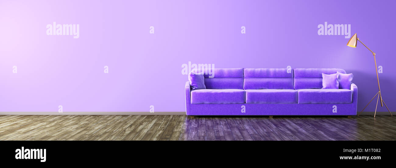 Modern interior of living room with ultraviolet sofa panorama 3d rendering Stock Photo