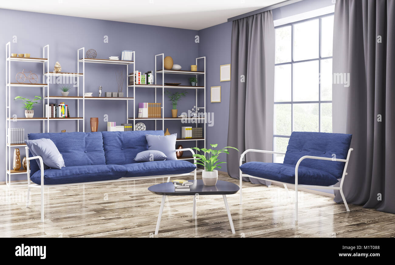Blue living room white sofa furniture bookcase home hi res stock