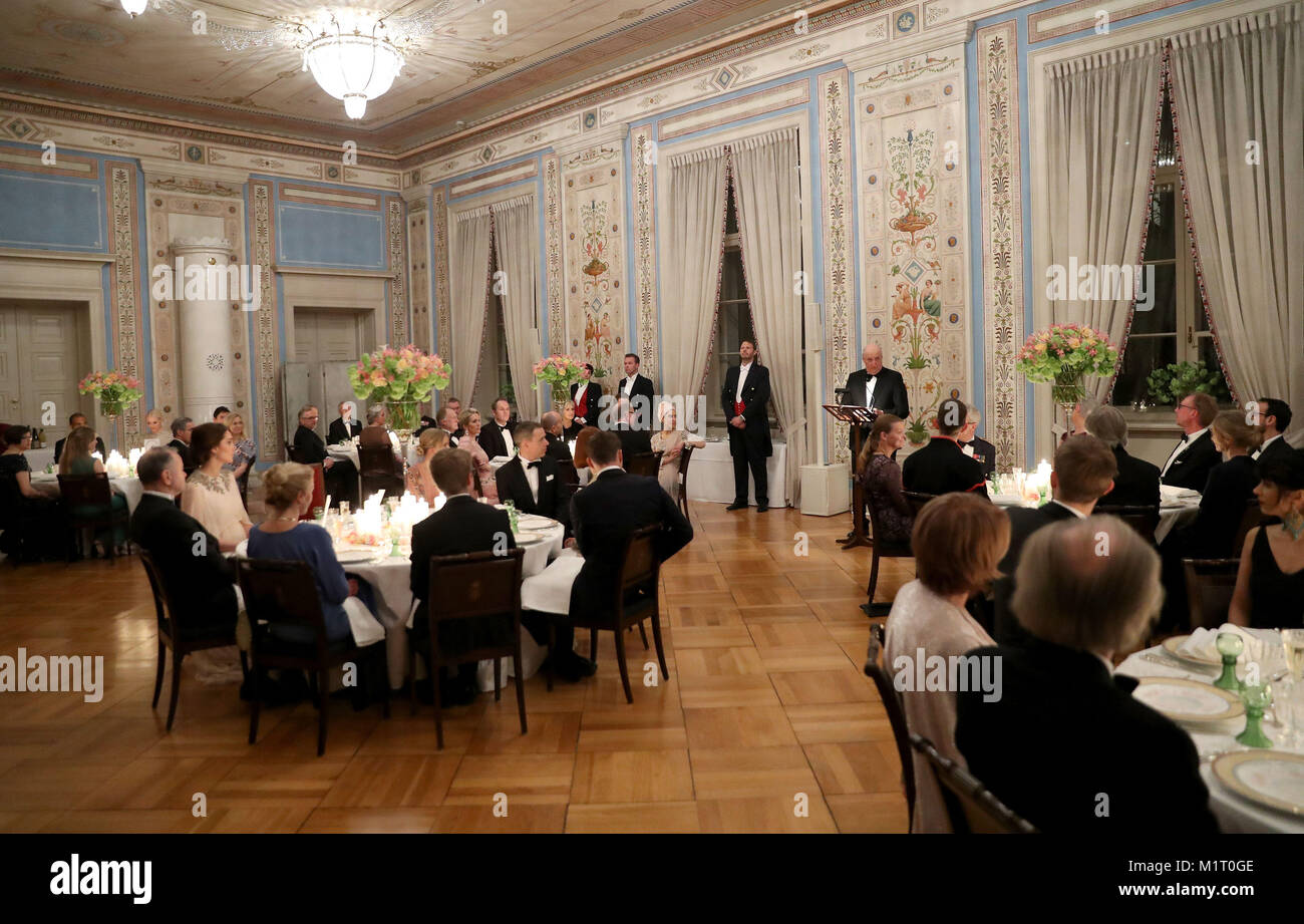 King Harald V of Norway makes a speech at a dinner with the Duke and  Duchess of Cambridge at the Royal Palace, Oslo, Norway and the end of the  third day of