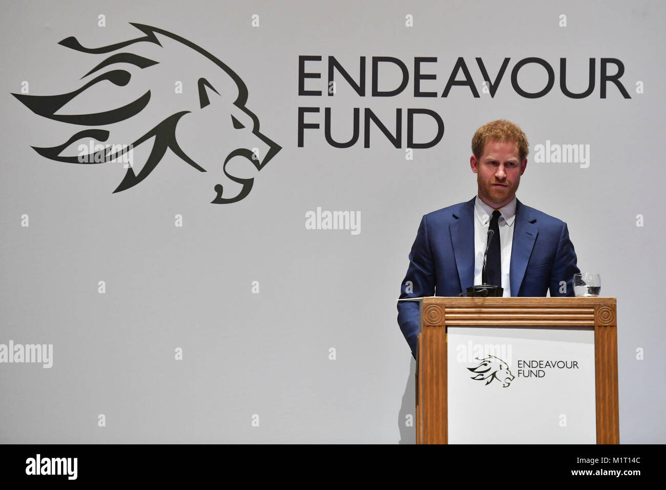 Prince Harry announces the winner of the Henry Worsley Award at the annual Endeavour Fund Awards at Goldsmiths' Hall in London, which celebrates the achievements of wounded, injured and sick servicemen and women who have taken part in sporting and adventure challenges over the last year. Stock Photo