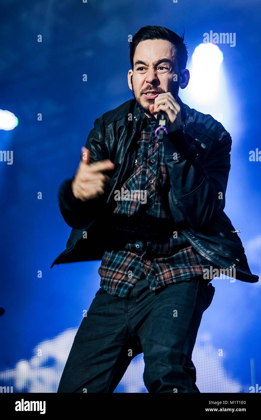 The American rock band Linkin Park performs a live concert at the Norwegian music festival Hovefestivalen 2011. Here vocalist Mike Shinoda is seen live on stage. Norway, 28/06 2011. Stock Photo