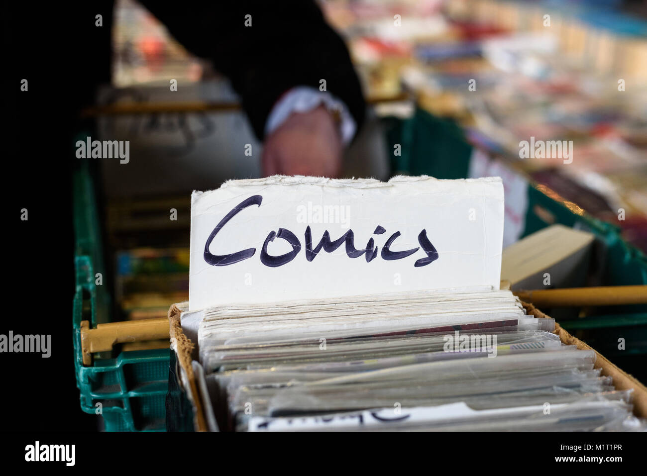 Old comics for sale at a flea market in the Southbank, London. Stock Photo