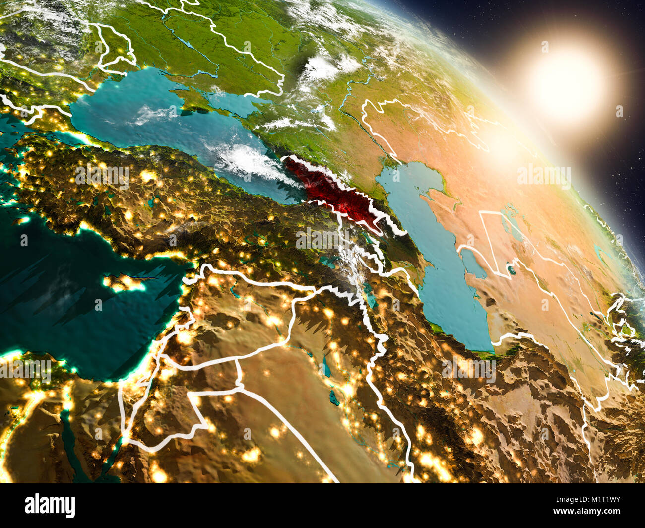 Sunset above Georgia from space on planet Earth with visible