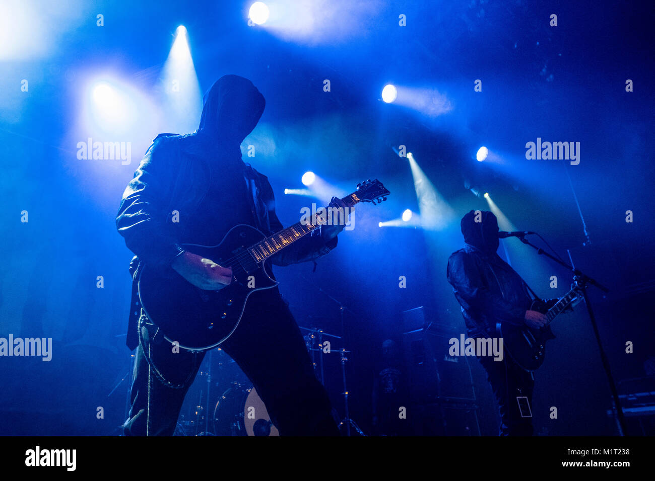 Norway, Bergen - August 24, 2017. The Polish black metal band Mgla performs a live concert at the Norwegian metal festival Beyond the Gates 2017 in Bergen. Here vocalist and guitarist Mikolaj Zentara a.k.a M (R) is seen live on stage with guitarist E.V.T. (L). (Photo credit: Gonzales Photo / Jarle H. Moe). Stock Photo