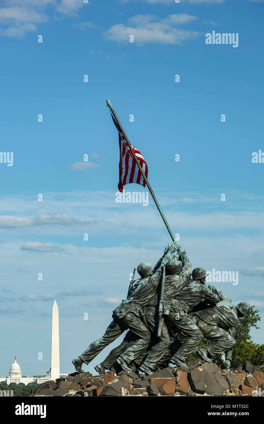 Iwo Jima Memorial (U.S. Marine Corps War Memorial), Arlington, Virginia; Washington Memorial and U.S. Capitol Building, Washington, District of Columb Stock Photo