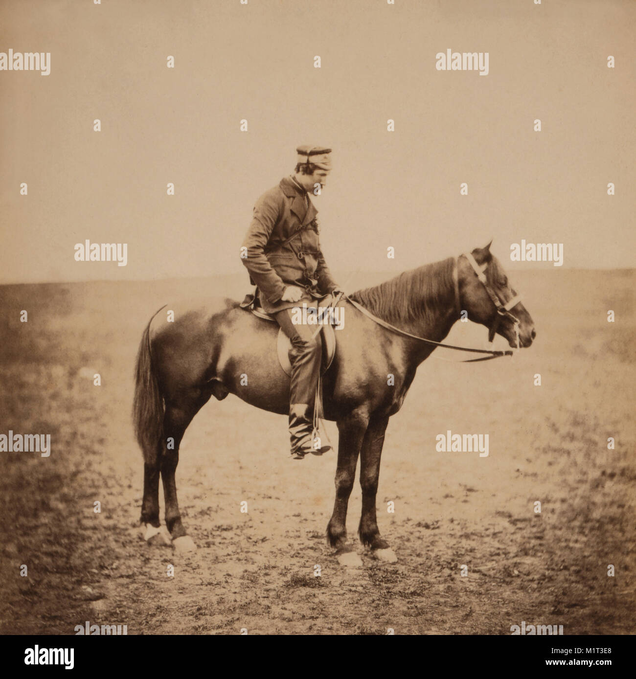 Honourable British Major Augustus Murray Cathcart, Full-Length Portrait in Uniform Sitting on Horse, Crimean War, Crimea, Ukraine, by Roger Fenton, 1855 Stock Photo