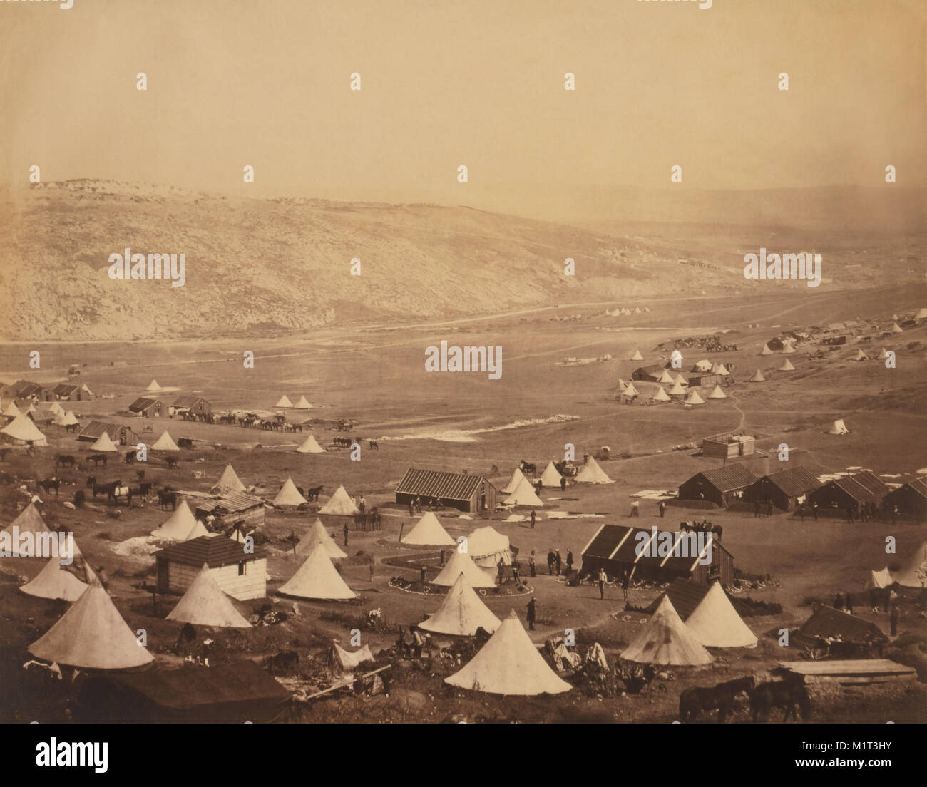 View of British Military Camp with Tents, Buildings, Soldiers and Horses, Crimean War, Crimea, Ukraine, by Roger Fenton, 1855 Stock Photo