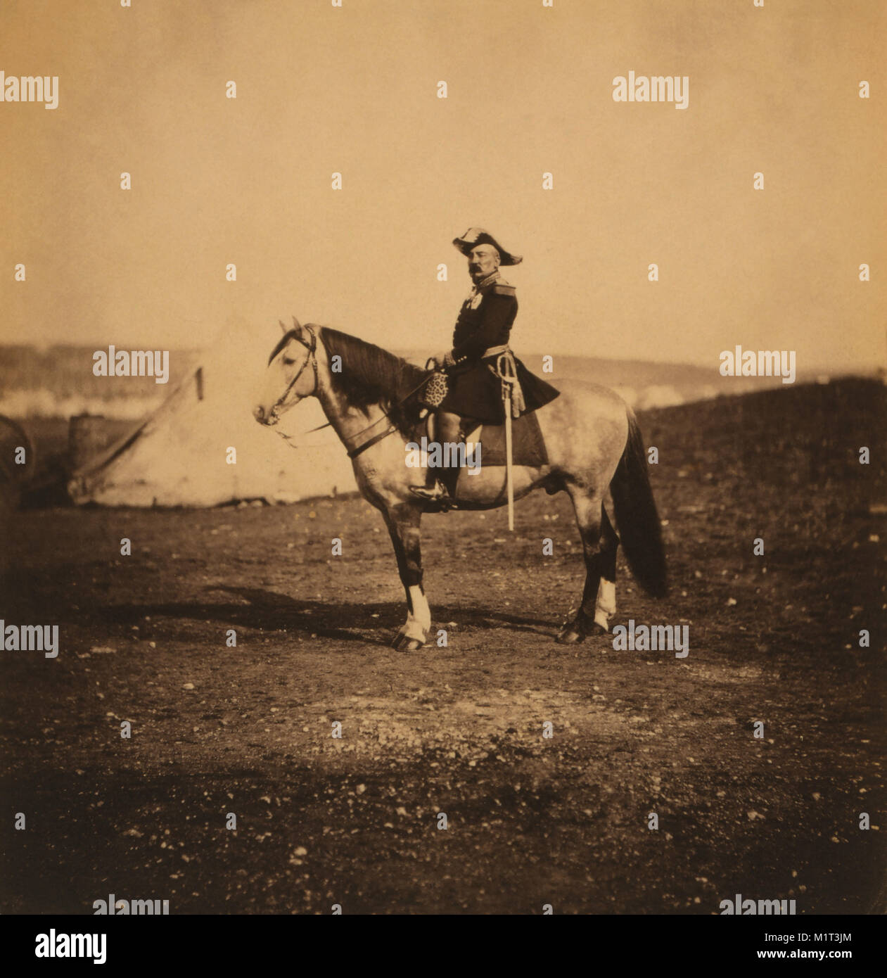 French General Pierre Bosquet, Portrait Sitting on Horse, Crimean War, Crimea, Ukraine, by Roger Fenton, 1855 Stock Photo
