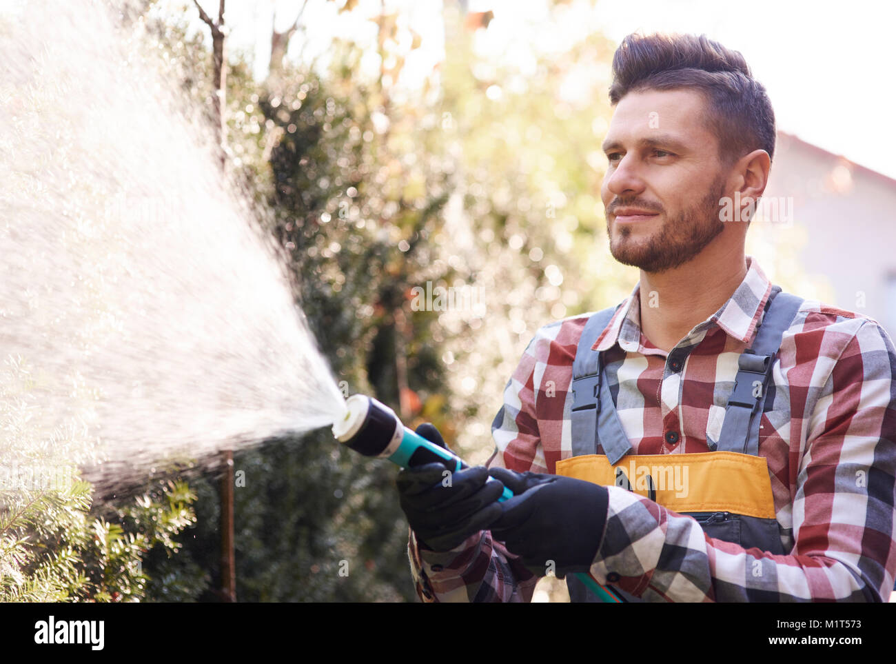 Botanist with garden hose watering flower Stock Photo