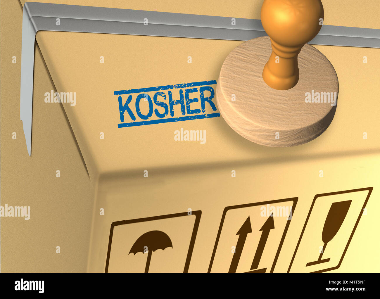 3D illustration of KOSHER stamp title on a carton which contains food Stock Photo
